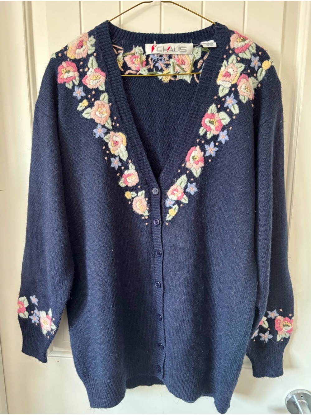 Vintage Navy Floral V-Neck Button Cardigan Sweater